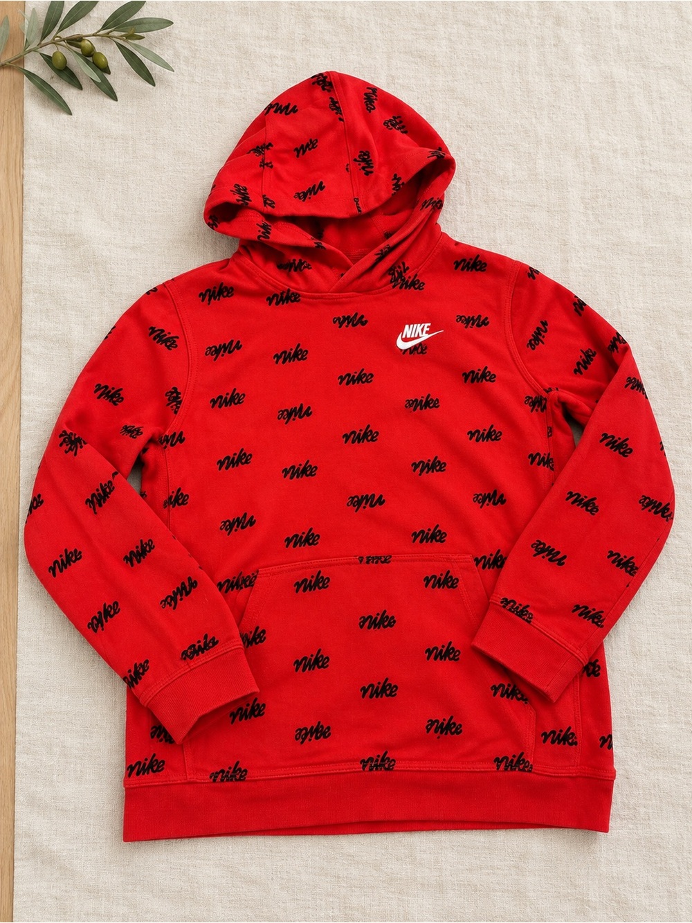 Nike Red Hoodie with Black Script All-Over Print